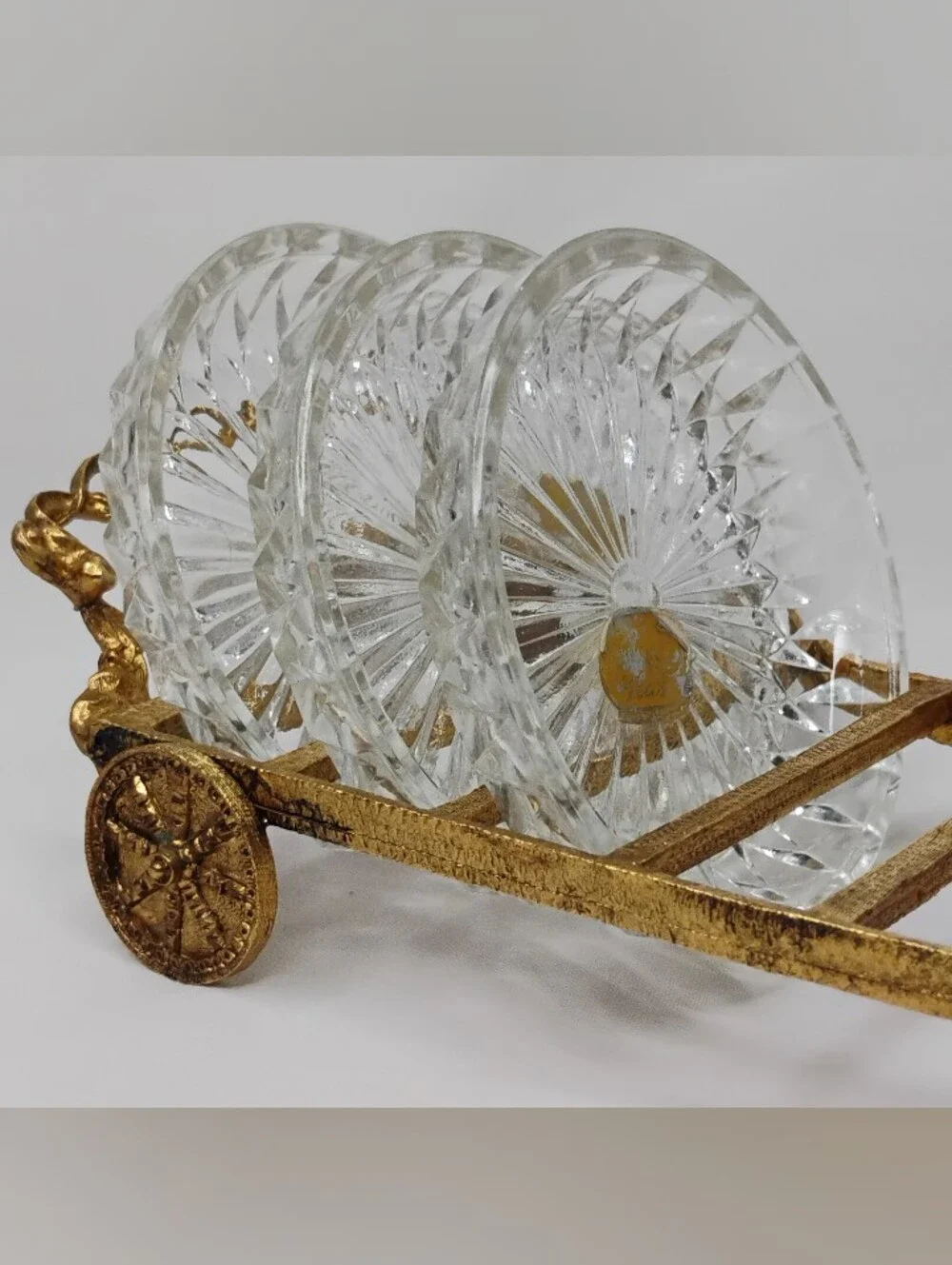Vintage Bohemia Glass Czechoslovakian Crystal Coasters Set With Gold Plated Cart
